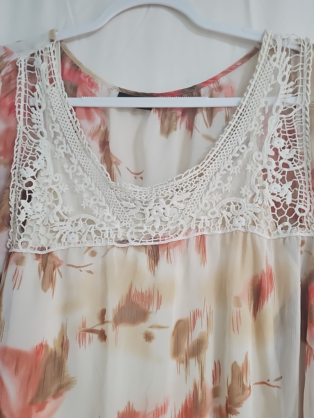 Apt. 9 Floral Crochet Yoke Chiffon Top - Cream, Pink & Tan - Picture 2 of 7